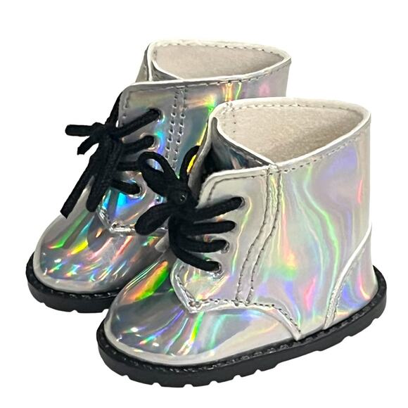 American Girl Doll BOOTS Silver Iridescent Rainbow Luciana Corinne Shoelaces NEW - Picture 1 of 5